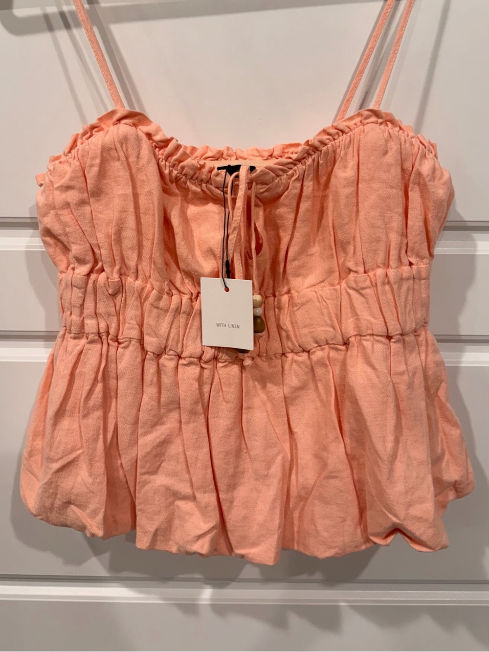 NWT Zara Linen Blend Bubble Hem Top Peach Beaded Drawstring Sz S Viral Coquette - Picture 5 of 8